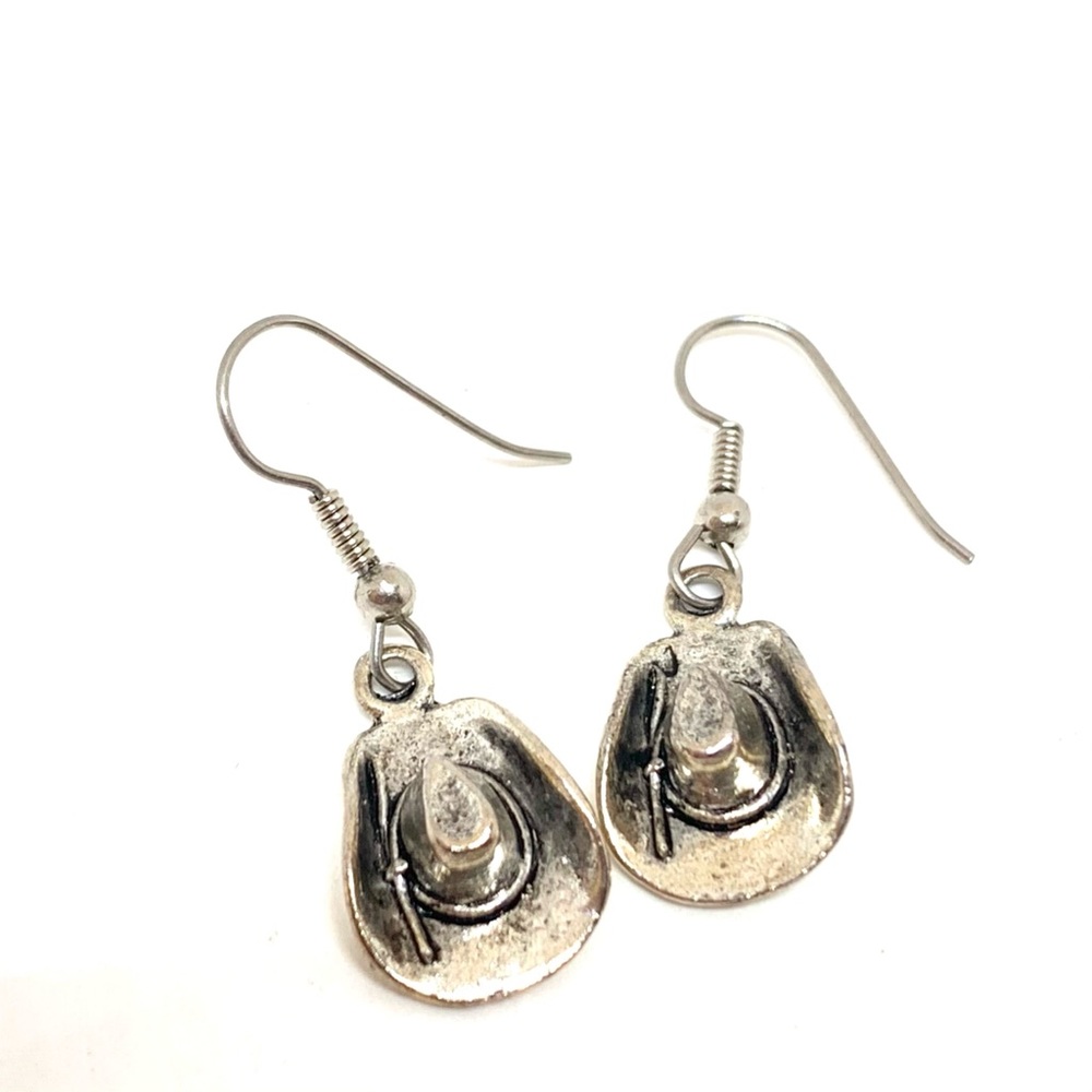 Western Style Cowboy Hat Earrings Silver Tone Dangles Antiqued Look
